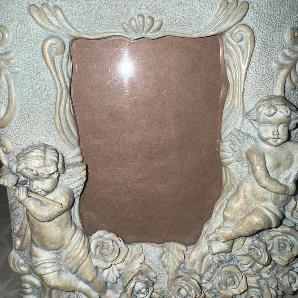 Vtg Ceramic Cherub Picture Frame Blue Gray Gold Tone Textured